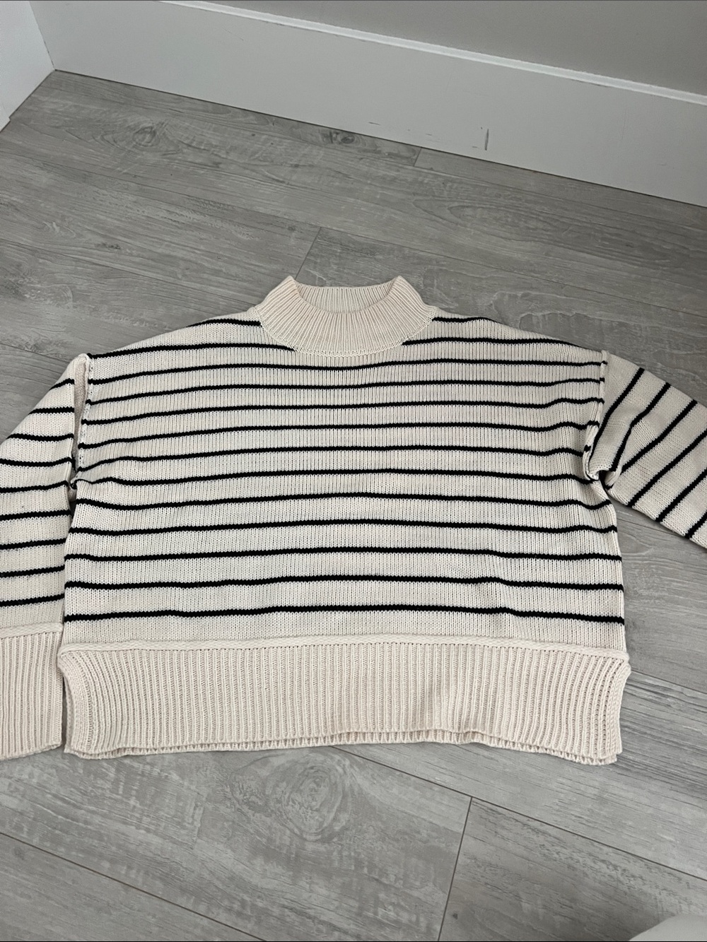Striped Crewneck Sweater - Cream with Black Stripes